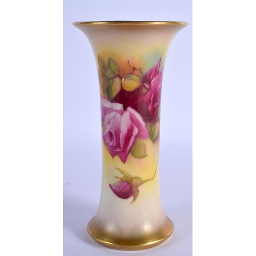 104 - ROYAL WORCESTER TRUMPET SHAPED VASE WITH WAISTED SIDES PAINTED WITH ROSES BY MILLIE HUNT, SIGNED DAT... 