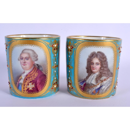 11 - A FINE PAIR OF 19TH CENTURY FRENCH ARMORIAL SEVRES PORCELAIN CUPS AND SAUCERS painted with portraits... 