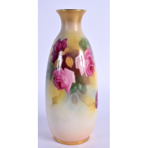110 - ROYAL WORCESTER VASE FINELY PAINTED WITH HADLEY STYLE ROSES,  SIGNED BY M. HUNT, PUCE MARK, SHAPE 24... 