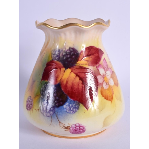 116 - ROYAL WORCESTER VASE WITH PIE CRUST RIM PAINTED WITH AUTUMNAL LEAVES AND BERRIES BY KITTY BLAKE SIGN... 