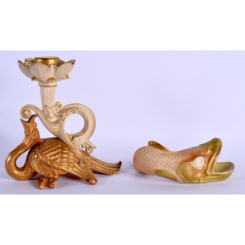 117 - ROYAL WORCESTER RARE CARP SHAPED ASHETTE AND  A ROYAL WORCESTER RARE DRAGON SHAPE CANDLE STICK 14cm ... 