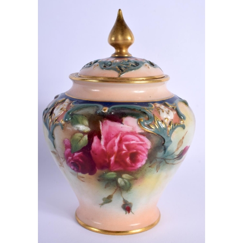 120 - ROYAL WORCESTER POT POURRI AND COVER MOULDED WITH COLOURED CLAYS IN HADLEY STYLE PAINTED WITH ROSES ... 