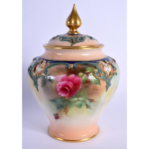 120 - ROYAL WORCESTER POT POURRI AND COVER MOULDED WITH COLOURED CLAYS IN HADLEY STYLE PAINTED WITH ROSES ... 