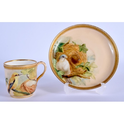 121 - ROYAL WORCESTER FINE COFFEE CUP AND SAUCER PAINTED WITH BIRDS AND THEIR NESTS BY DAVID BATES, DATED ... 