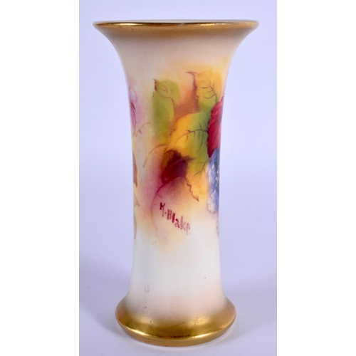 123 - ROYAL WORCESTER TRUMPET SHAPED VASE PAINTED WITH AUTUMNAL LEAVES AND BERRIES BY KITTY BLAKE, SIGNED ... 