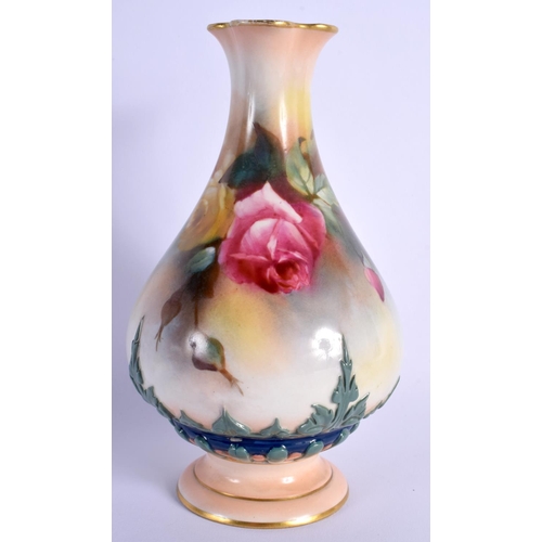 127 - ROYAL WORCESTER VASE IN HADLEY STYLE WITH COLOURED CLAYS PAINTED WITH ROSES DATED 1907 16cm High