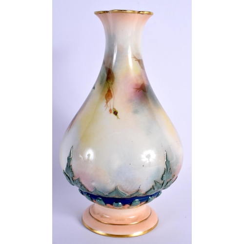 127 - ROYAL WORCESTER VASE IN HADLEY STYLE WITH COLOURED CLAYS PAINTED WITH ROSES DATED 1907 16cm High