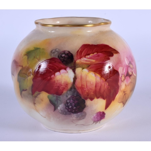 129 - ROYAL WORCESTER SPIRALLY MOULDED GLOBULAR VASE PAINTED WITH AUTUMNAL LEAVES AND BERRIES BY KITTY BLA... 