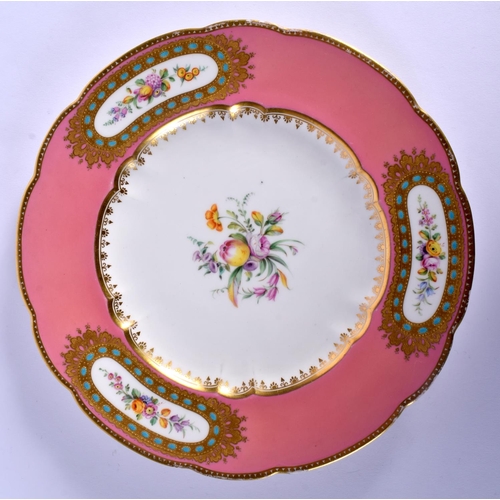 151 - MID 19TH C. COALPORT PLATE PAINTED WITH FLOWERS AND FRUIT BY WM. COOK UNDER A ROSE POMPADOUR BORDER ... 