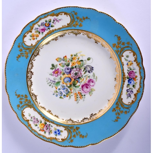 152 - MID 19TH C. COALPORT PLATE PAINTED WITH FLOWERS AND FRUIT BY WM. COOK UNDER A LIGHT BLUE BORDER WITH... 