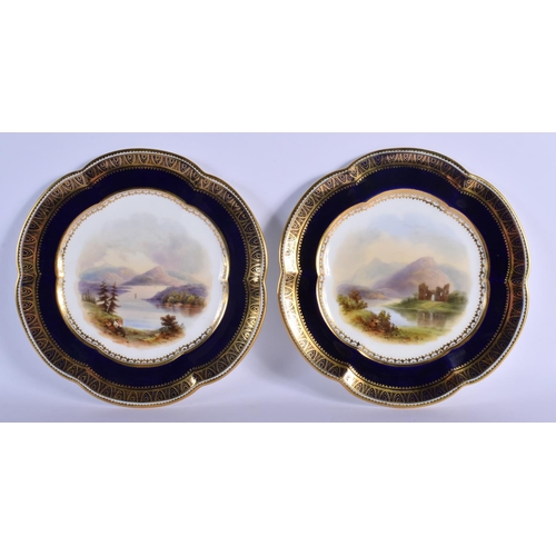 153 - MID 19TH C. COALPORT PAIR OF  HEXAFOIL PLATES PAINTED WITH LOCH VIEWS LOCH ACHRAY AND LOCH INVERLOCH... 