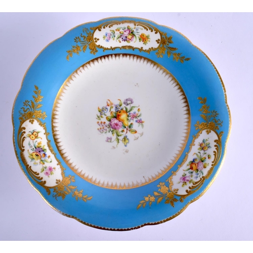 155 - MID 19TH C. COALPORT COMPORT PAINTED WITH FLOWERS AND FRUIT BY WM. COOK UNDER A TURQUOISE BORDER WIT... 