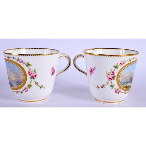 158 - 19TH C. MINTON PAIR OF COFFEE CUPS AND SAUCER PAINTED WITH TWO LANDSCAPES IN RAISED GILT PANELS SURR... 