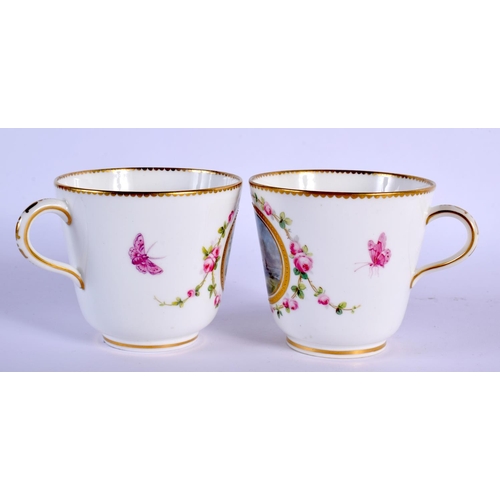 158 - 19TH C. MINTON PAIR OF COFFEE CUPS AND SAUCER PAINTED WITH TWO LANDSCAPES IN RAISED GILT PANELS SURR... 