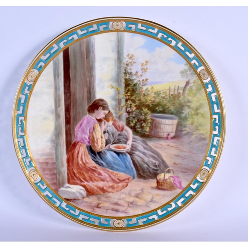 159 - 19TH C. MINTON PIERCED PLATE PAINTED WITH TWO GIRLS WITH A BOWL OF CHERRIES IN A FARMYARD, RETAILERS... 