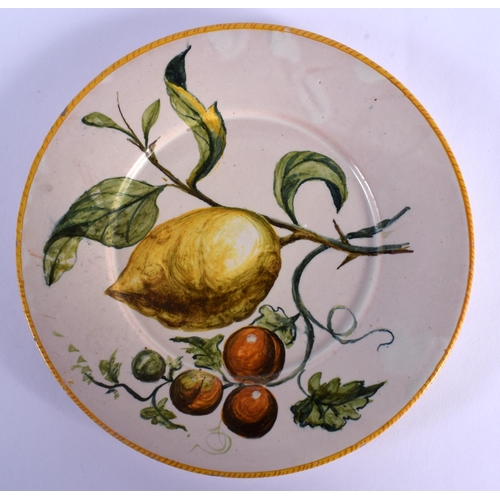 16 - A RARE 19TH CENTURY ITALIAN CANTAGALLI TIN GLAZED PLATE painted with fruits. 21.5 cm diameter.