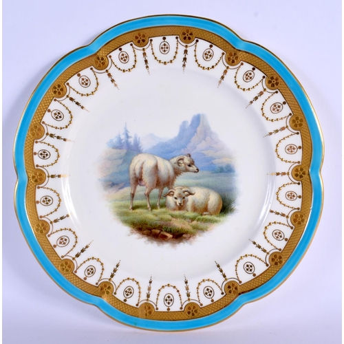 161 - 19TH C. MINTON PLATE WITH TURQUOISE, ACID ETCHED AND RAISED GILT BORDER PAINTED WITH A PAIR OF SHEEP... 