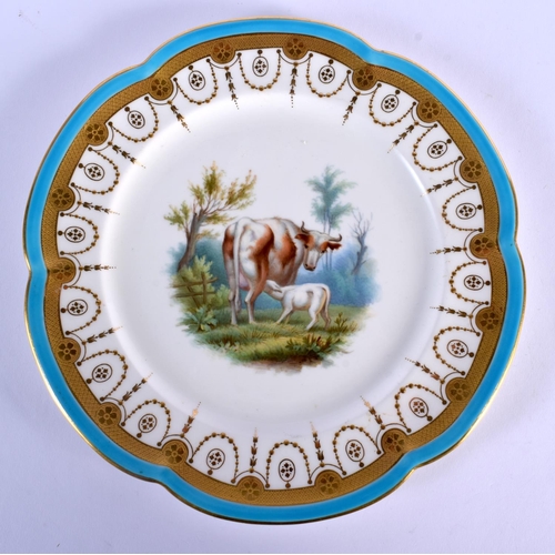 162 - 19TH C. MINTON PLATE WITH TURQUOISE, ACID ETCHED AND RAISED GILT BORDER PAINTED WITH A COW AND A SHE... 