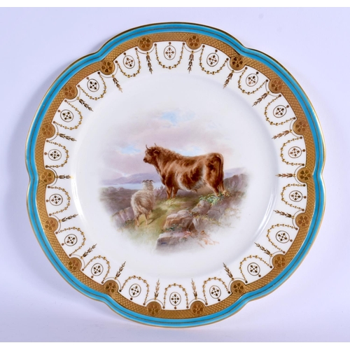163 - 19TH C. MINTON PLATE WITH TURQUOISE, ACID ETCHED AND RAISED GILT BORDER PAINTED WITH A BULL AND A SH... 