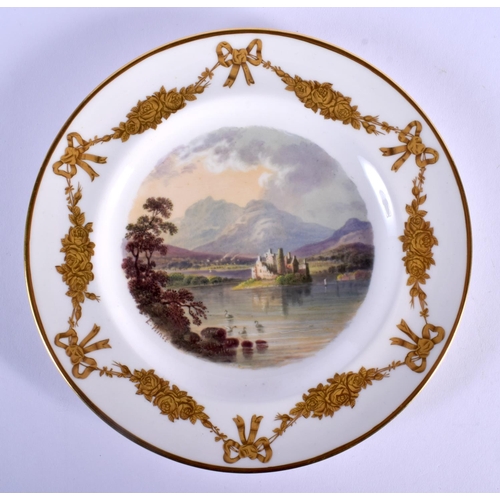 167 - LATE 19TH C. DERBY KING STREET  PLATE PAINTED WITH A LOCH SCENE WITH RUINS AND SWANS BY EDWIN PRINCE... 