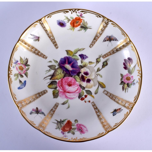 168 - LATE 19TH C.  DERBY KING STREET CIRCULAR MOULDED DISH PAINTED WITH FLOWERS AND MOTHS BY H. S. HANCOC... 