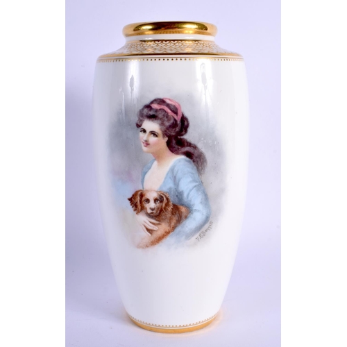 171 - EARLY 20TH C. MINTON VASE PAINTED WITH A YOUNG LADY HOLDING A DOG BY E. BENNET, SIGNED, PUCE GLOBE M... 