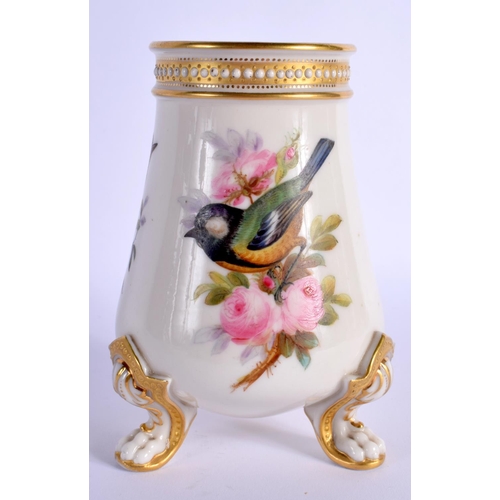 174 - ROYAL WORCESTER SUPERB THREE FOOTED VASE WITH JEWELLED RIM PAINTED WITH THREE BIRDS BY JOHN HOPEWELL... 