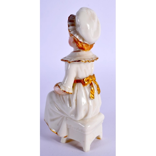 175 - ROYAL WORCESTER HADLEY STYLE FIGURE OF A GIRL SEATED ON A CHAIR WEARING A MOB CAP, GREEN MARK WITH R... 