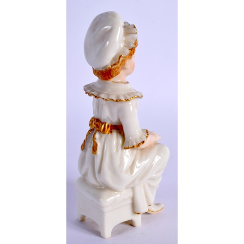175 - ROYAL WORCESTER HADLEY STYLE FIGURE OF A GIRL SEATED ON A CHAIR WEARING A MOB CAP, GREEN MARK WITH R... 