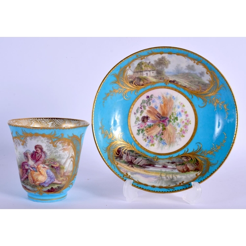 177 - 19TH C. PARIS PORCELAIN SEVRES STYLE  OF FINE QUALITY, THE SAUCER WITH TWO LANDSCAPES, THE CUP WITH ... 