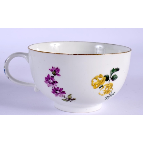 195 - MID 18TH C. MEISSEN CUP AND SAUCER PAINTED WITH BLOWN TULIPS AND OTHER FLOWERS, SMALL CROSSED SWORDS... 