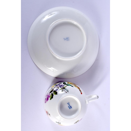 195 - MID 18TH C. MEISSEN CUP AND SAUCER PAINTED WITH BLOWN TULIPS AND OTHER FLOWERS, SMALL CROSSED SWORDS... 