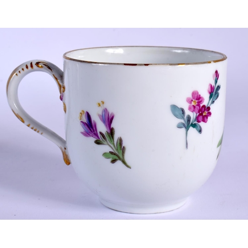 197 - 18TH C. MEISSEN MARCOLINI PERIOD CUP AND SAUCER PAINTED WITH FLOWERS, CROSSED SWORDS STAR IN BLUE Cu... 