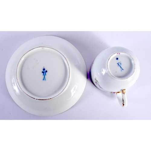197 - 18TH C. MEISSEN MARCOLINI PERIOD CUP AND SAUCER PAINTED WITH FLOWERS, CROSSED SWORDS STAR IN BLUE Cu... 