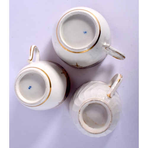 207 - 18TH C. CAUGHLEY COFFEE CUP, TEACUP AND SAUCER PAINTED WITH THE CURTAINS PATTERN, A SHANKERED TRIO, ... 