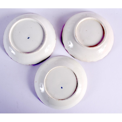 207 - 18TH C. CAUGHLEY COFFEE CUP, TEACUP AND SAUCER PAINTED WITH THE CURTAINS PATTERN, A SHANKERED TRIO, ... 