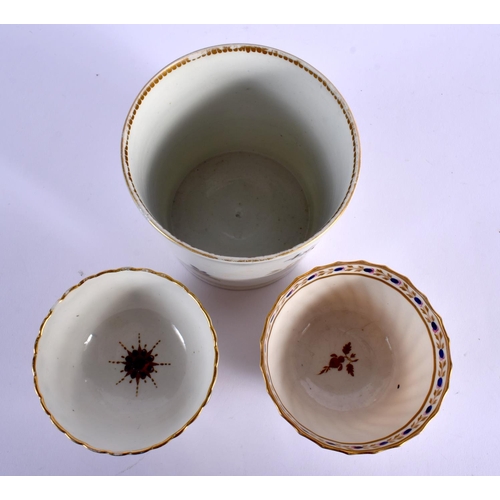 207 - 18TH C. CAUGHLEY COFFEE CUP, TEACUP AND SAUCER PAINTED WITH THE CURTAINS PATTERN, A SHANKERED TRIO, ... 