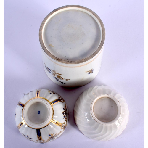 207 - 18TH C. CAUGHLEY COFFEE CUP, TEACUP AND SAUCER PAINTED WITH THE CURTAINS PATTERN, A SHANKERED TRIO, ... 