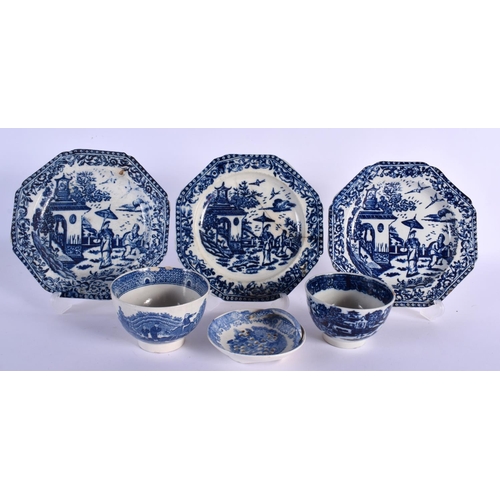 208 - 18TH C. THREE LIVERPOOL SMALL PLATES PRINTED IN BLUE, AN EGG DRAINER, AND TWO PRINTED TEABOWLS Tea B... 