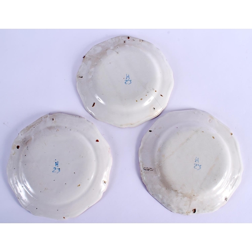 21 - A RARE SET OF THREE 18TH CENTURY FRENCH STRASBOURG TIN GLAZED PLATES Attributed to Joseph Hannong. 2... 