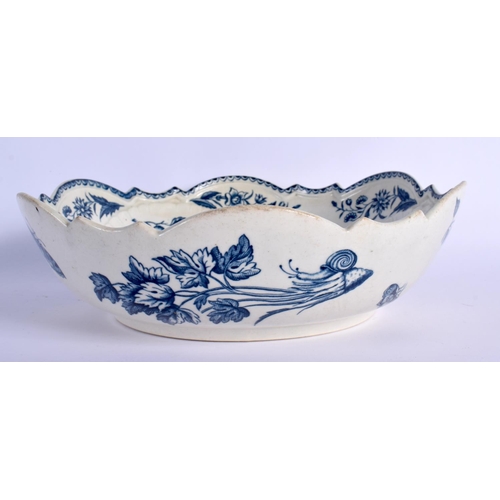 216 - 18TH C. WORCESTER SALAD BOWL OF MOULDED SHAPE PRINTED WITH FIRS CONES , THE EXTERIOR WITH VEGETABLES... 
