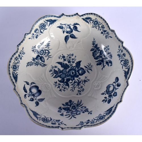 216 - 18TH C. WORCESTER SALAD BOWL OF MOULDED SHAPE PRINTED WITH FIRS CONES , THE EXTERIOR WITH VEGETABLES... 