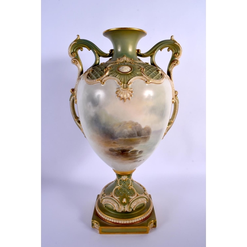 217 - A LARGE ROYAL WORCESTER TWIN HANDLED PORCELAIN VASE by John Stinton, painted with highland cattle wi... 