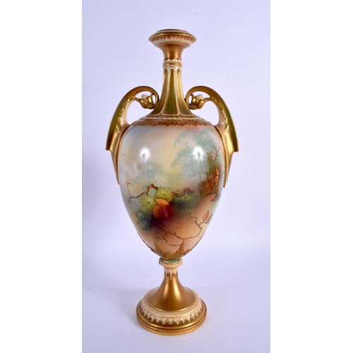 219 - A LARGE ROYAL WORCESTER TWIN HANDLED PORCELAIN VASE by Lewis, painted with game birds within landsca... 