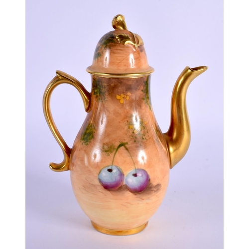 221 - A SMALL ROYAL WORCESTER FRUIT PAINTED COFFEE POT AND COVER with scrolling handle. 137 cm x 7 cm.