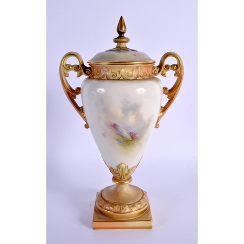 223 - A ROYAL WORCESTER TWIN HANDLED PORCELAIN VASE AND COVER by Harry Davis, painted with two sheep withi... 