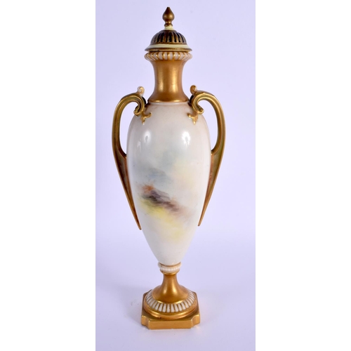 224 - A ROYAL WORCESTER TWIN HANDLED PORCELAIN VASE AND COVER by Ernest Barker, painted with sheep within ... 