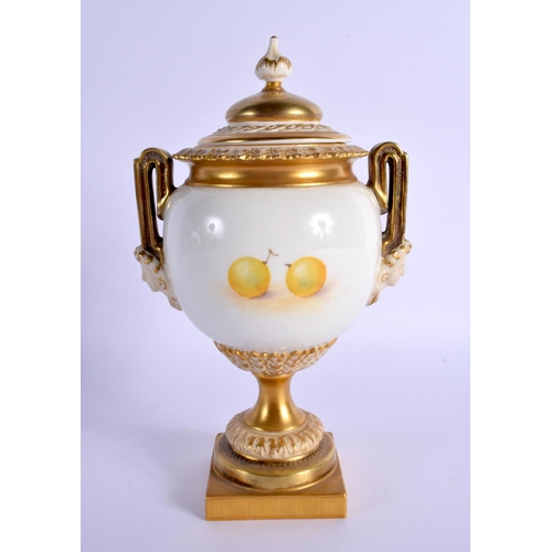 225 - A ROYAL WORCESTER FRUIT PAINTED TWIN HANDLED VASE AND COVER by Telford. 21 cm x 8 cm.