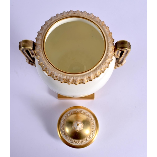 225 - A ROYAL WORCESTER FRUIT PAINTED TWIN HANDLED VASE AND COVER by Telford. 21 cm x 8 cm.