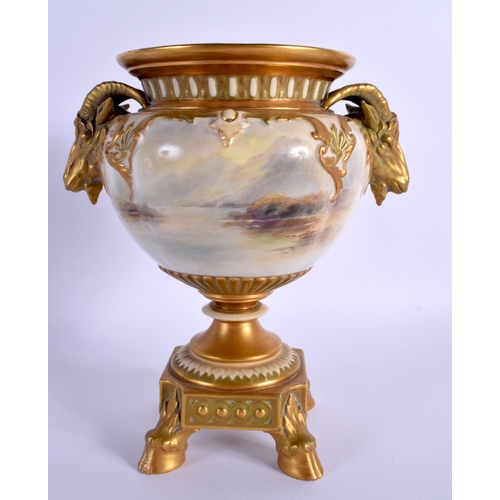 229 - AN UNUSUAL ROYAL WORCESTER TWIN HANDLED PORCELAIN VASE by John Stinton, painted with highland cattle... 